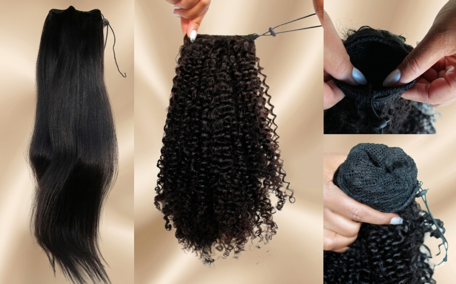 ollection Ponytails Aully's Hair : extensions de cheveux naturels lisses et bouclés Virgin Hair avec système de fixation innovant par boucle auto-ajustable sur fond champagne