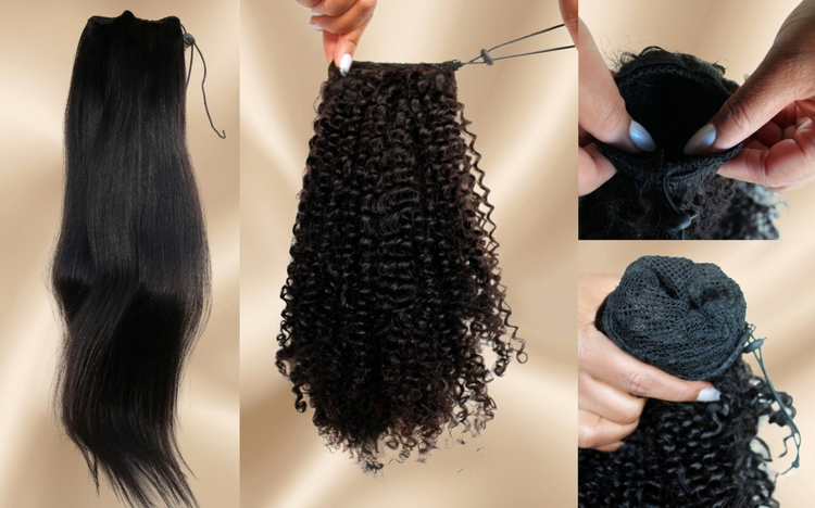 ollection Ponytails Aully's Hair : extensions de cheveux naturels lisses et bouclés Virgin Hair avec système de fixation innovant par boucle auto-ajustable sur fond champagne