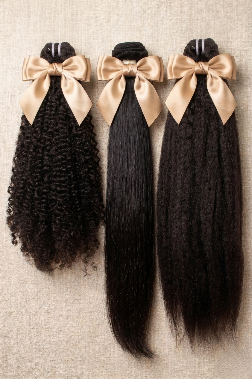 Trois bundles de cheveux humains Aully's Hair aux textures variées avec nœuds en ruban champagne sur fond beige.